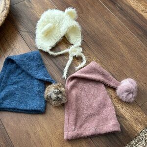 3 Knit Baby Hats with Pom Poms - Cream, Dusty Rose, Denim Blue